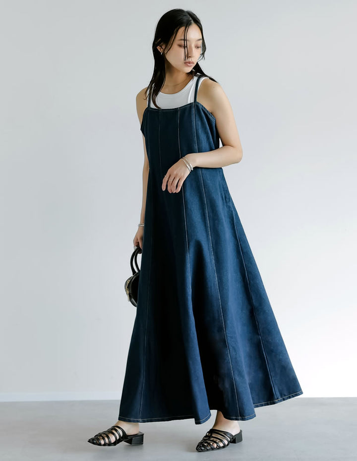 【TIME SALE 20%OFF ¥6,798⇒¥5,438】[2025 SUMMER COLLECTION][低身長サイズ有]コットンデニムパネルフレアキャミワンピース ワンピース 人気レディースファッション通販 リエディ