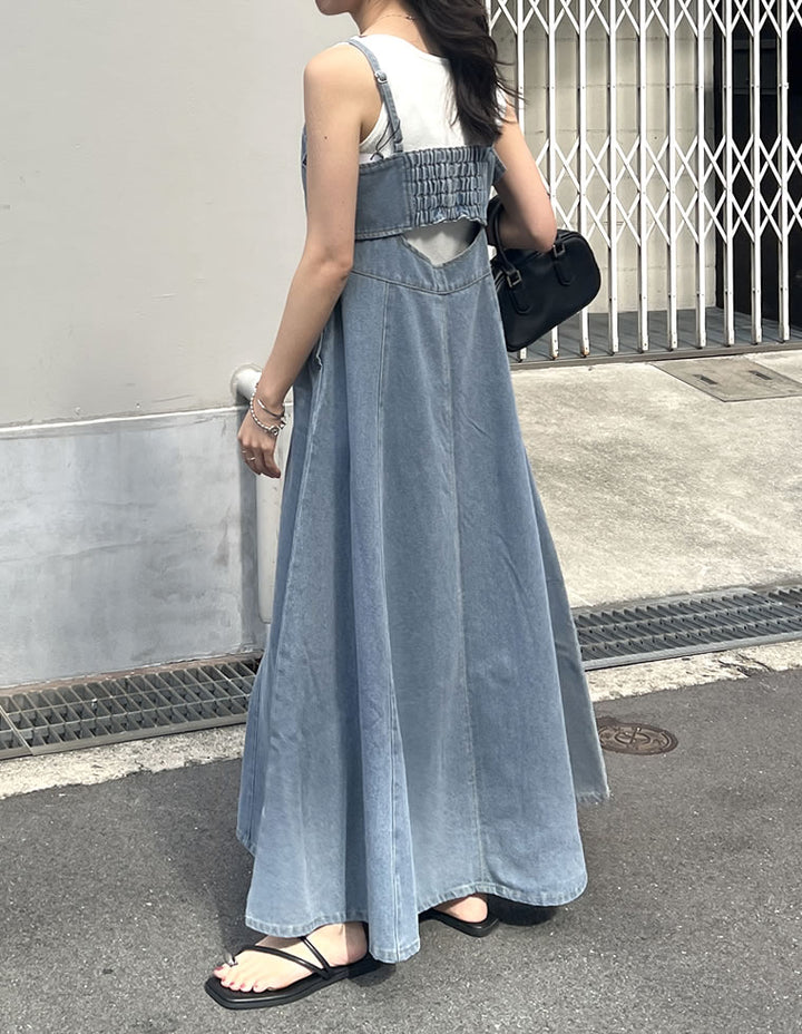 【TIME SALE 20%OFF ¥6,798⇒¥5,438】[2025 SUMMER COLLECTION][低身長サイズ有]コットンデニムパネルフレアキャミワンピース ワンピース 人気レディースファッション通販 リエディ