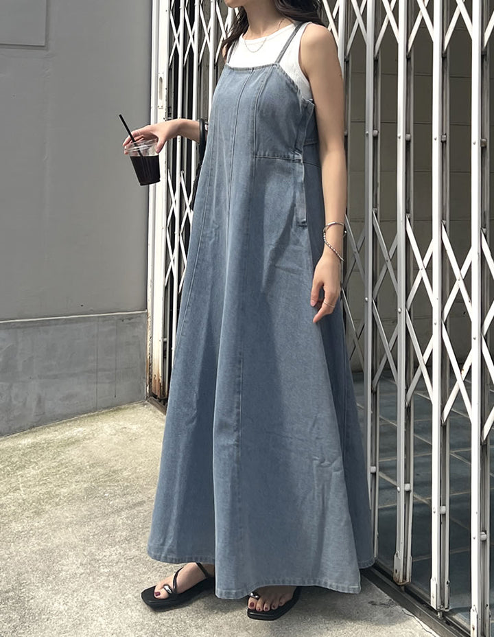 【TIME SALE 20%OFF ¥6,798⇒¥5,438】[2025 SUMMER COLLECTION][低身長サイズ有]コットンデニムパネルフレアキャミワンピース ワンピース 人気レディースファッション通販 リエディ