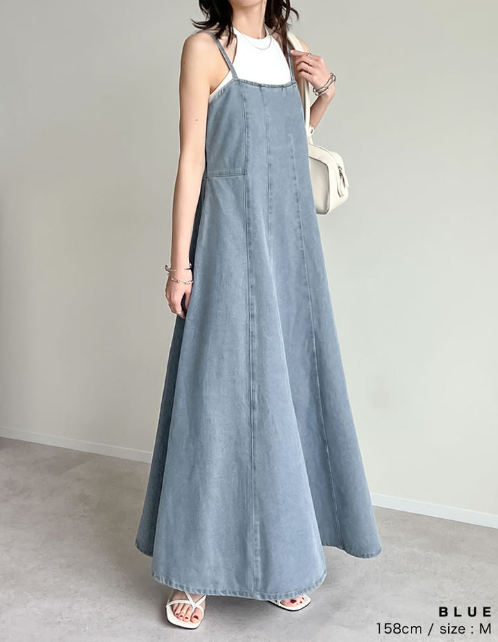 【TIME SALE 20%OFF ¥6,798⇒¥5,438】[2025 SUMMER COLLECTION][低身長サイズ有]コットンデニムパネルフレアキャミワンピース ワンピース 人気レディースファッション通販 リエディ