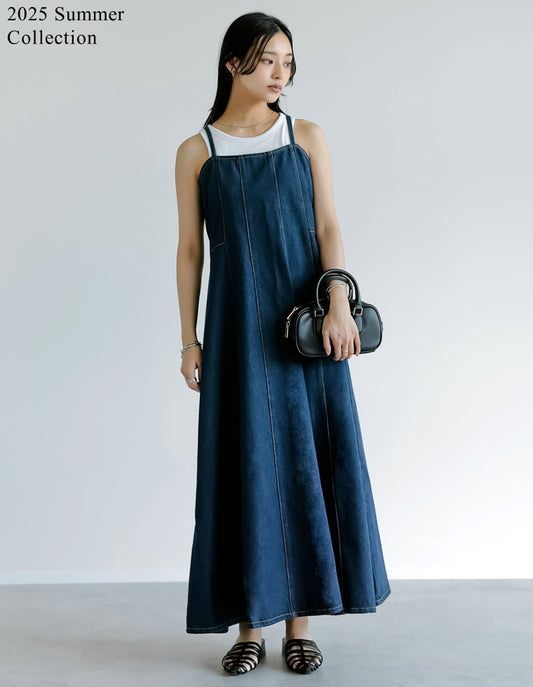 【TIME SALE 20%OFF ¥6,798⇒¥5,438】[2025 SUMMER COLLECTION][低身長サイズ有]コットンデニムパネルフレアキャミワンピース ワンピース 人気レディースファッション通販 リエディ