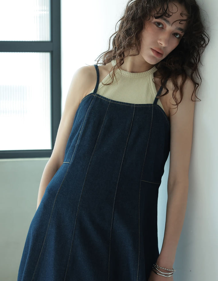 【TIME SALE 20%OFF ¥6,798⇒¥5,438】[2025 SUMMER COLLECTION][低身長サイズ有]コットンデニムパネルフレアキャミワンピース ワンピース 人気レディースファッション通販 リエディ