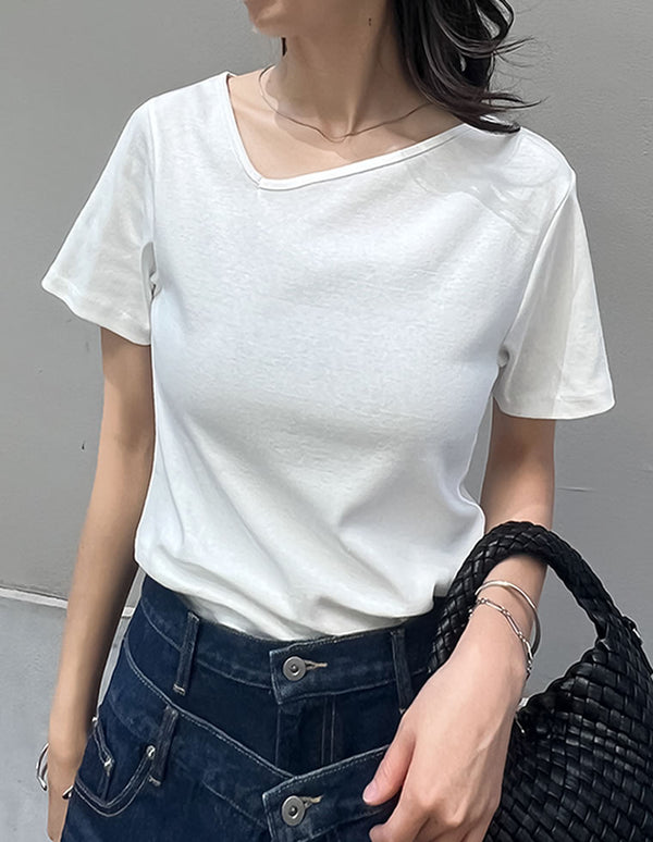 【FINAL SALE 20%OFF】スムースカットソーアシンメトリーネックトップス[mb]