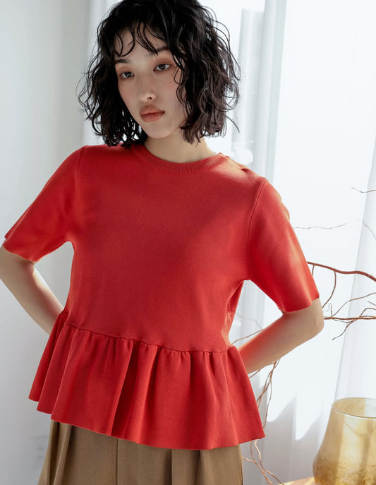 [2025 SUMMER COLLECTION][体型カバー]5分袖ペプラムサマーニットトップス[mb]