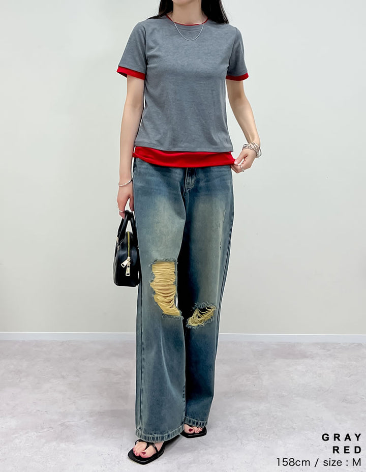 【TIME SALE 20%OFF ¥2,998⇒¥2,398】[2025 SUMMER COLLECTION]レイヤード風シアースムース半袖トップス[mb] トップス 人気レディースファッション通販 リエディ