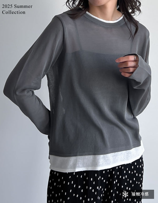 《今だけ！2BUY20%OFFクーポンで ¥3,382⇒¥2,705》【決算SALE！ 15％OFF】[2025 SUMMER COLLECTION][接触冷感]シアーニットレイヤード風トップス[mb]