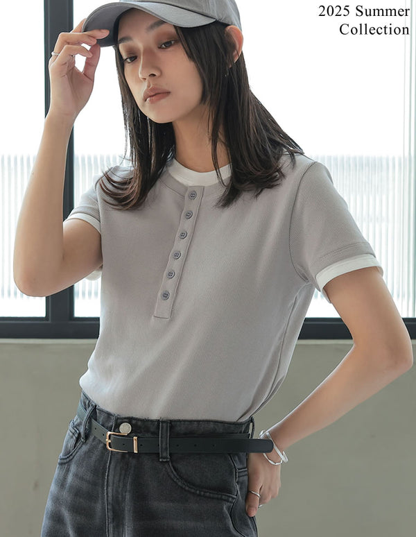 [2025 SUMMER COLLECTION]配色ヘンリーネックレイヤード風半袖トップス[mb]