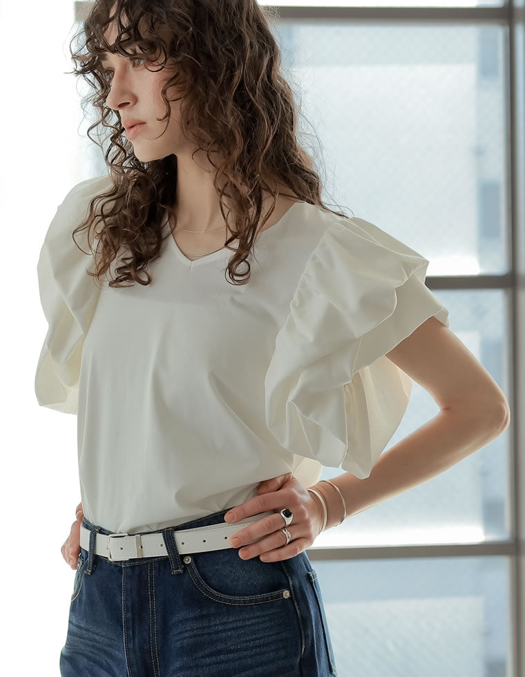 天竺バルーンスリーブVネックTシャツ - トップス通販 | 人気レディース