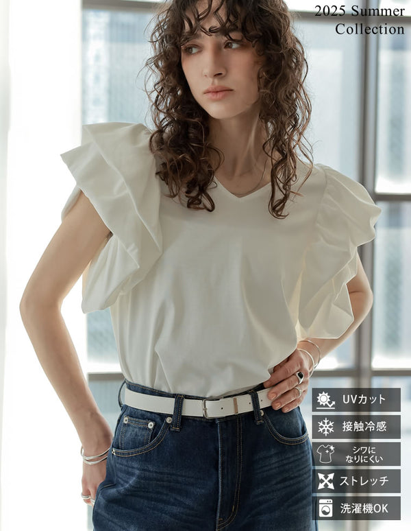 《期間限定！2BUY15%OFFクーポン対象》【SUMMER TIMESALE 10%OFF ¥4,298⇒¥3,868】[2025 SUMMER COLLECTION][UVカット][接触冷感][紫外線対策]Vネックコットンブレンド天竺バルーンスリーブTシャツ[mb]