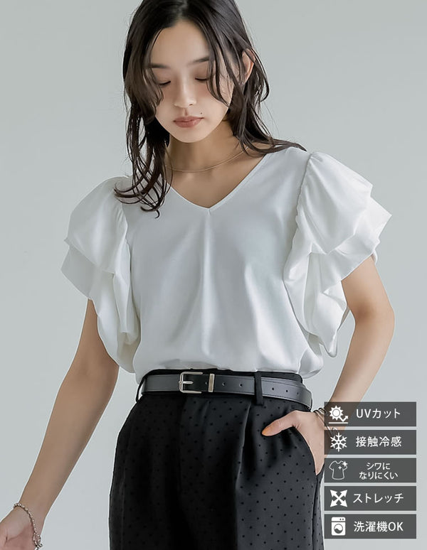 《今だけ！2BUY15%OFFクーポンで ¥3,868⇒¥3,287》【SUMMER TIMESALE 10%OFF】[2025 SUMMER COLLECTION][UVカット][接触冷感][紫外線対策]Vネックコットンブレンド天竺バルーンスリーブTシャツ[mb]