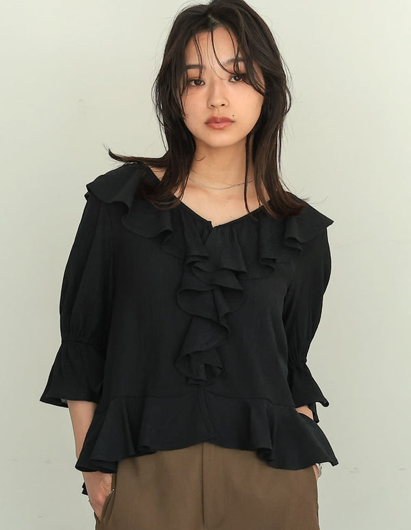 【2BUY20%OFFクーポン対象】ラッフルフリルカラー楊柳シアーブラウス[mb]