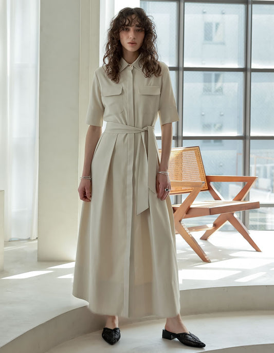 【FINAL SALE 20%OFF】[2025 SUMMER COLLECTION][低身長サイズ有][洗える]リネンライクウエストリボン付きＡラインシャツワンピース