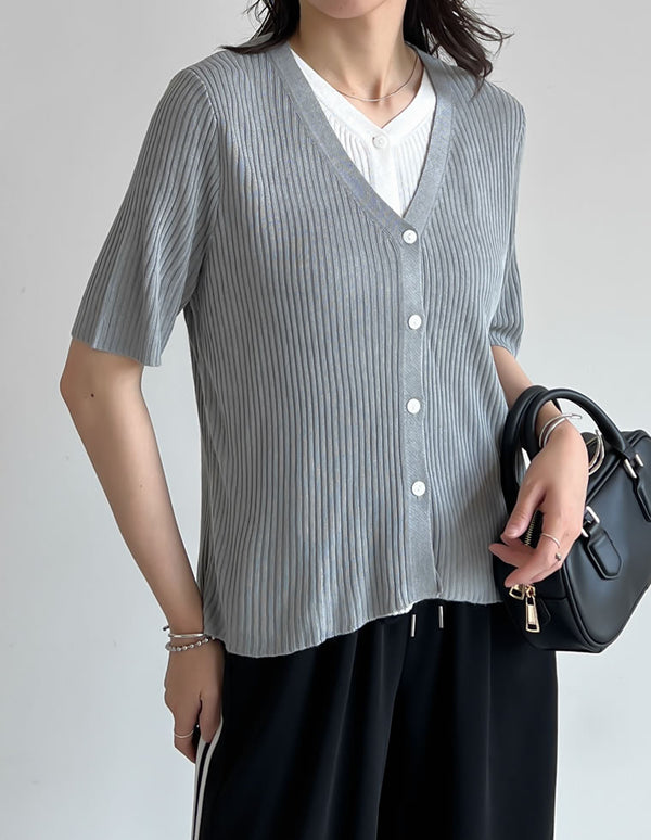 《期間限定！2BUY15%OFFクーポン対象》【SUMMER TIMESALE 10%OFF ¥4,499⇒¥4,049】[2025 SUMMER COLLECTION][涼感]リブニット配色レイヤード風半袖カーディガン[mb]