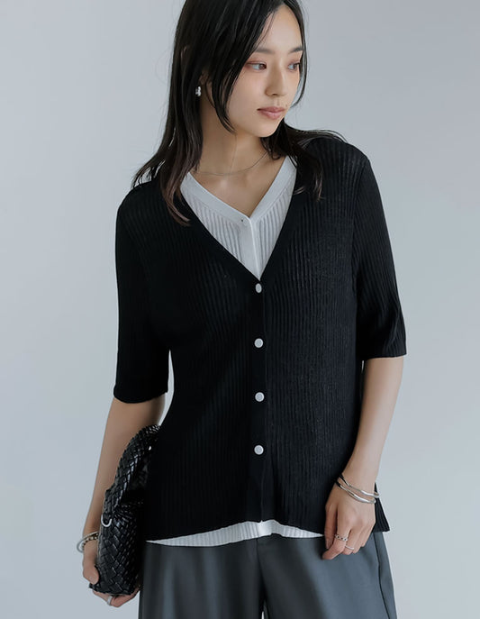 【TIME SALE 20%OFF ¥4,499⇒¥3,599】[2025 SUMMER COLLECTION][涼感]リブニット配色レイヤード風半袖カーディガン[mb] トップス 人気レディースファッション通販 リエディ