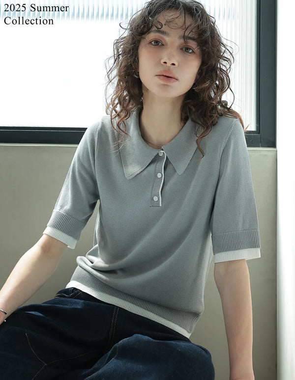 【PRE ORDER 20%OFFクーポン対象】[2025 SUMMER PRE ORDER][涼感]配色レイヤード風ポロニットシャツ[mb]