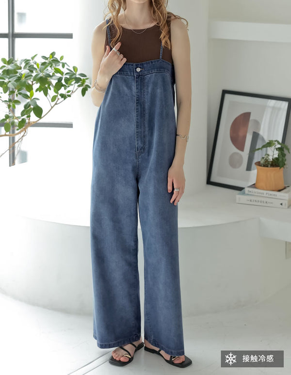 《今だけ！2BUY20%OFFクーポン対象》[低身長/高身長サイズ有][接触冷感]冷感デニムベアオールインワン
