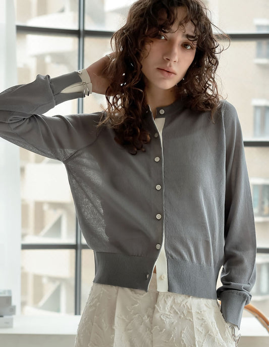 [新色ブラウン登場][涼感]配色レイヤード風シアーニットカーディガン トップス 人気レディースファッション通販 リエディ