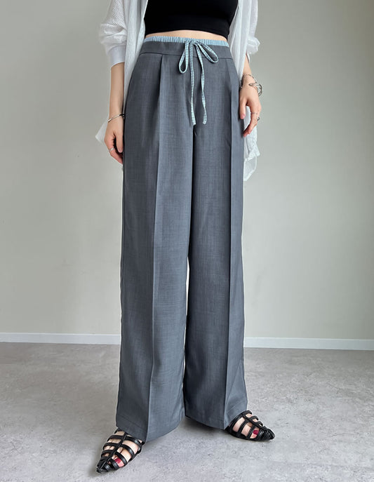 【FINAL SALE 10%OFF】[低身長/高身長サイズ有]リネンライクダブルウエストスラックス