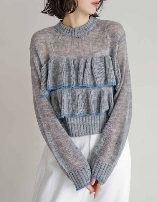 透かし編みモヘアタッチフリルニットトップス