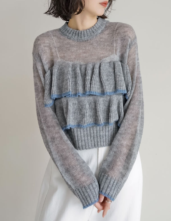 透かし編みモヘアタッチフリルニットトップス