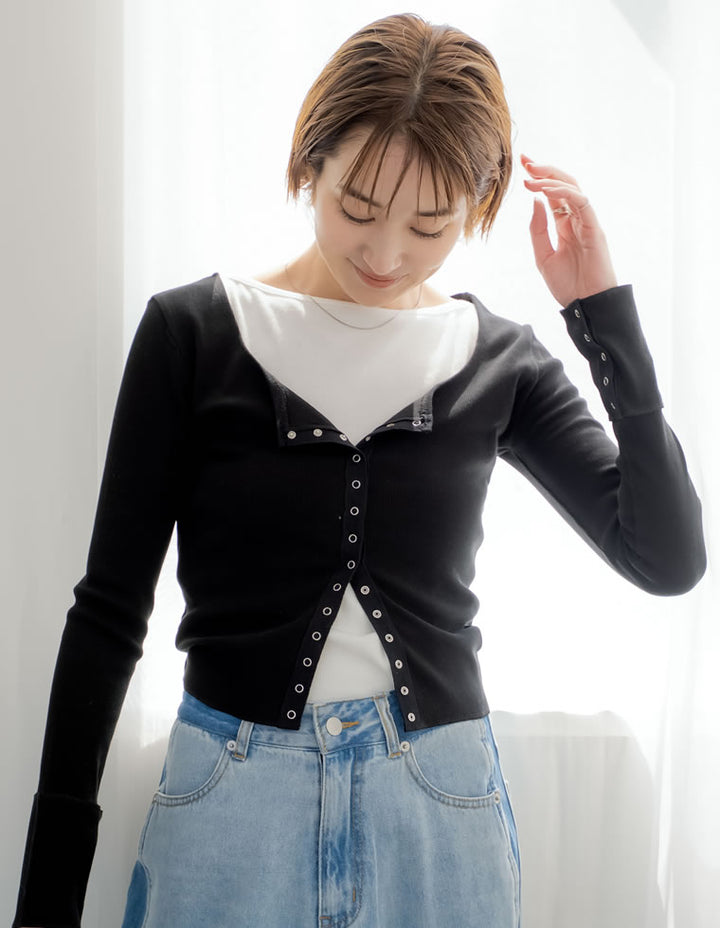【TIME SALE 20%OFF ¥4,499⇒¥3,599】[2025 SUMMER COLLECTION]リブカットソースナップボタンカーディガン トップス 人気レディースファッション通販 リエディ