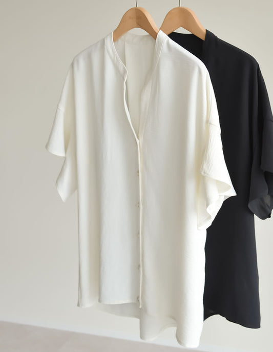 【FINAL SALE 10%OFF】[UVカット][接触冷感][体型カバー]ポーラVネックフレアスリーブ切り替え半袖ブラウス[mb]
