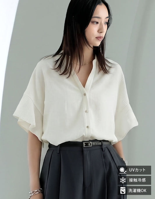 [UVカット][接触冷感][体型カバー]ポーラVネックフレアスリーブ切り替え半袖ブラウス[mb] トップス 人気レディースファッション通販 リエディ
