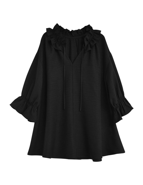 【TIME SALE 20%OFF ¥4,998⇒¥3,998】[体型カバー]7分袖リネンライクスキッパーフリルカラーチュニックブラウス[mb] トップス 人気レディースファッション通販 リエディ