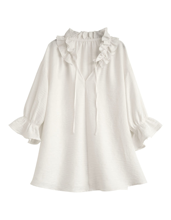 【TIME SALE 20%OFF ¥4,998⇒¥3,998】[体型カバー]7分袖リネンライクスキッパーフリルカラーチュニックブラウス[mb] トップス 人気レディースファッション通販 リエディ