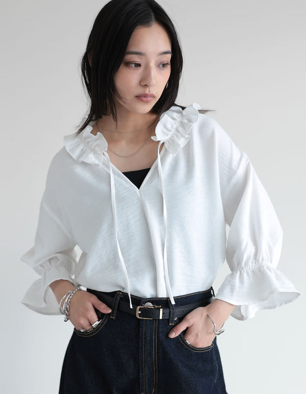 《今だけ！2BUY20%OFFクーポンで ¥4,248⇒¥3,398》【決算SALE！ 15％OFF】[体型カバー]7分袖リネンライクスキッパーフリルカラーチュニックブラウス[mb]
