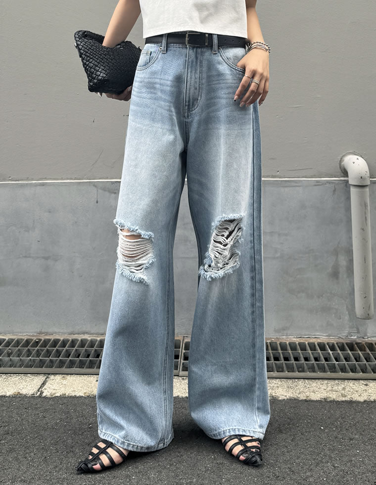 ダメージデニムワイドストレートパンツ - パンツ通販 | 人気レディース