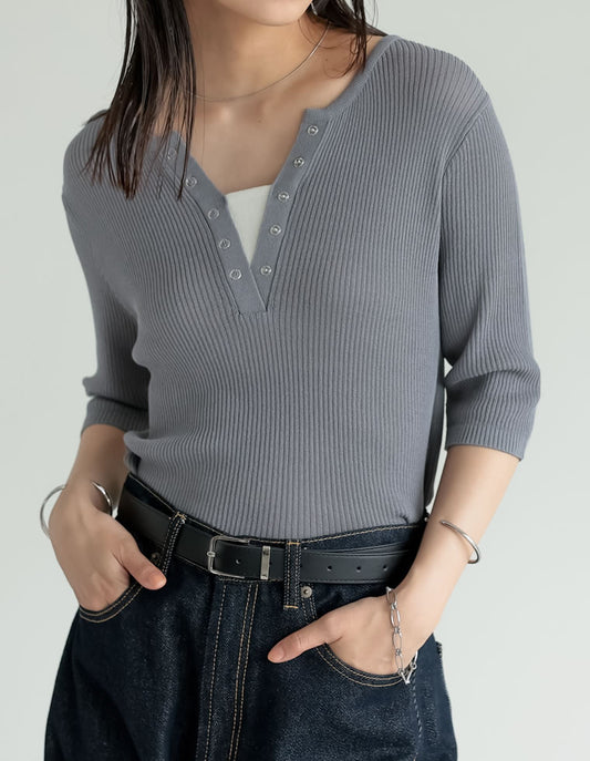 【TIME SALE 20%OFF ¥3,998⇒¥3,198】[涼感]レーヨンブレンドシアーリブニットレイヤード風5分袖トップス[mb] トップス 人気レディースファッション通販 リエディ