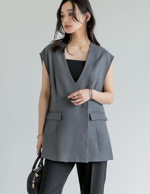 【SUMMER TIMESALE 10%OFF】ストレッチミックスツイルノーカラーVネックベスト