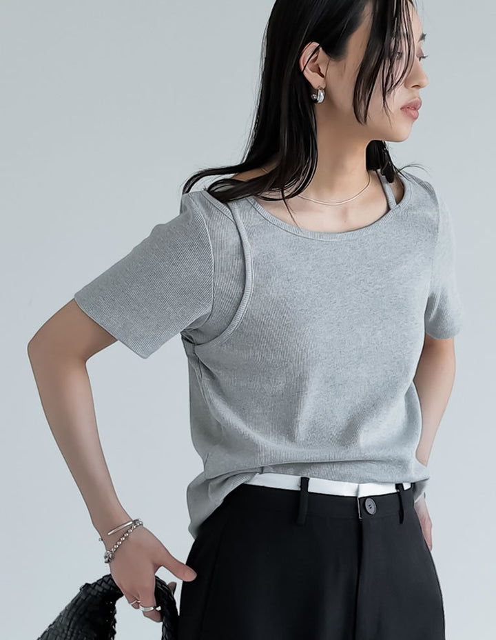 【TIME SALE 10%OFF ¥3,747⇒¥3,372】スムースカットソーレーヤード風アシンメトリー半袖Tシャツ[mb] トップス 人気レディースファッション通販 リエディ