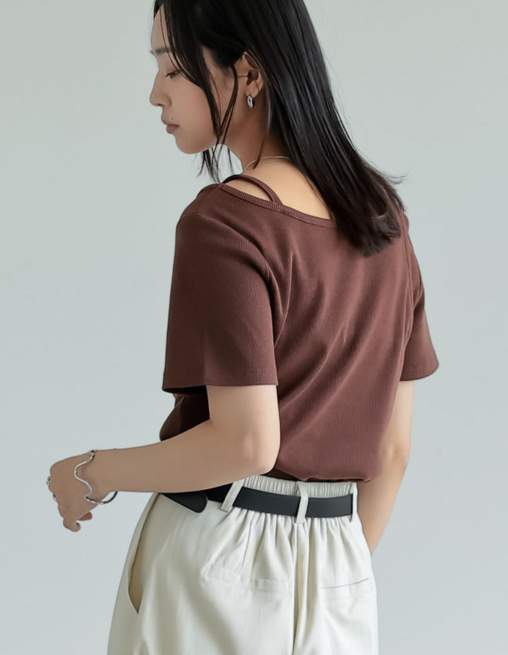 【TIME SALE 10%OFF ¥3,747⇒¥3,372】スムースカットソーレーヤード風アシンメトリー半袖Tシャツ[mb] トップス 人気レディースファッション通販 リエディ