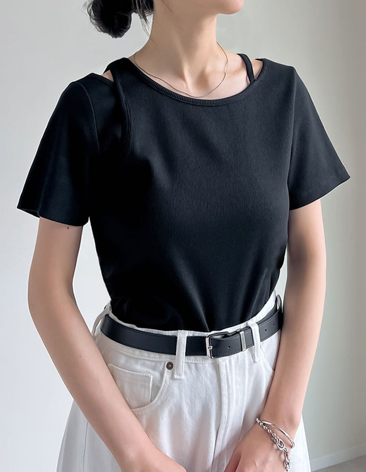 【TIME SALE 10%OFF ¥3,747⇒¥3,372】スムースカットソーレーヤード風アシンメトリー半袖Tシャツ[mb] トップス 人気レディースファッション通販 リエディ