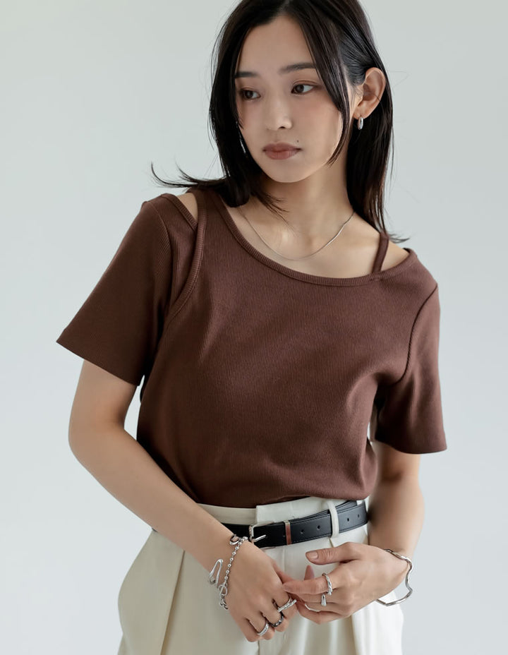 【TIME SALE 10%OFF ¥3,747⇒¥3,372】スムースカットソーレーヤード風アシンメトリー半袖Tシャツ[mb] トップス 人気レディースファッション通販 リエディ