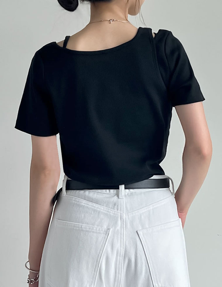 【TIME SALE 10%OFF ¥3,747⇒¥3,372】スムースカットソーレーヤード風アシンメトリー半袖Tシャツ[mb] トップス 人気レディースファッション通販 リエディ