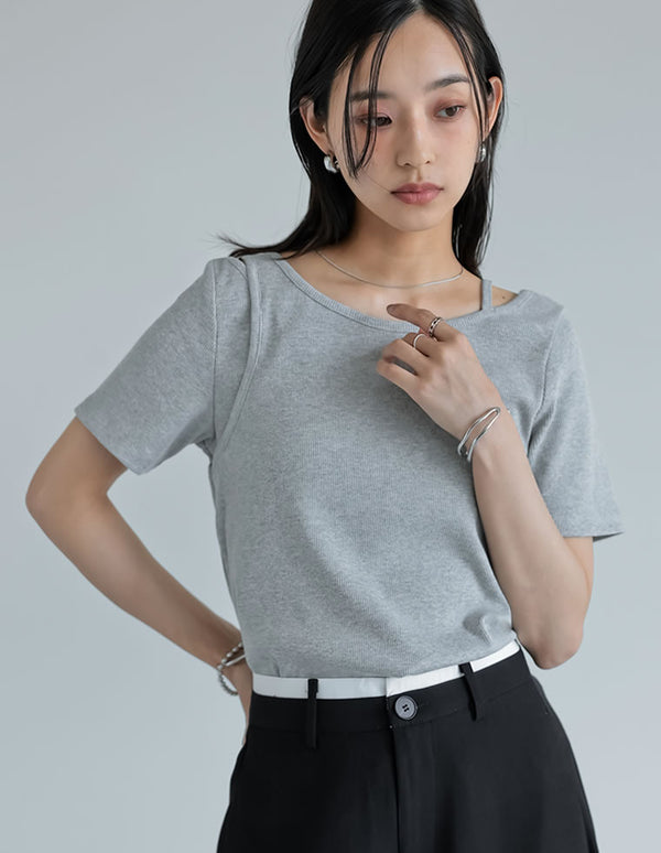 【FINAL SALE 12%OFF】スムースカットソーレーヤード風アシンメトリー半袖Tシャツ[mb]