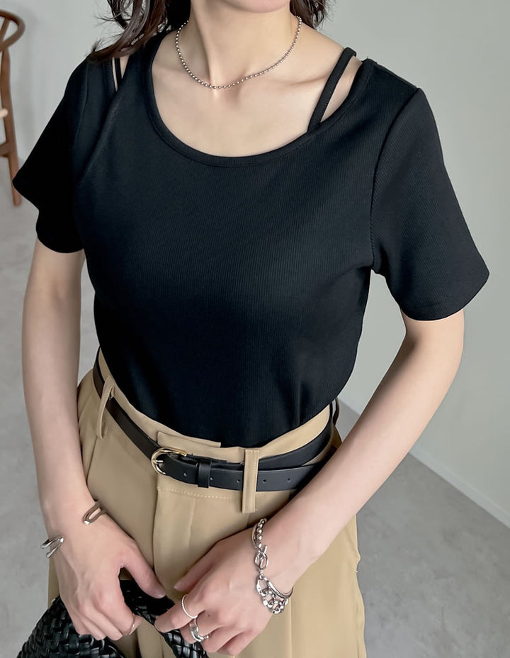【TIME SALE 10%OFF ¥3,747⇒¥3,372】スムースカットソーレーヤード風アシンメトリー半袖Tシャツ[mb] トップス 人気レディースファッション通販 リエディ