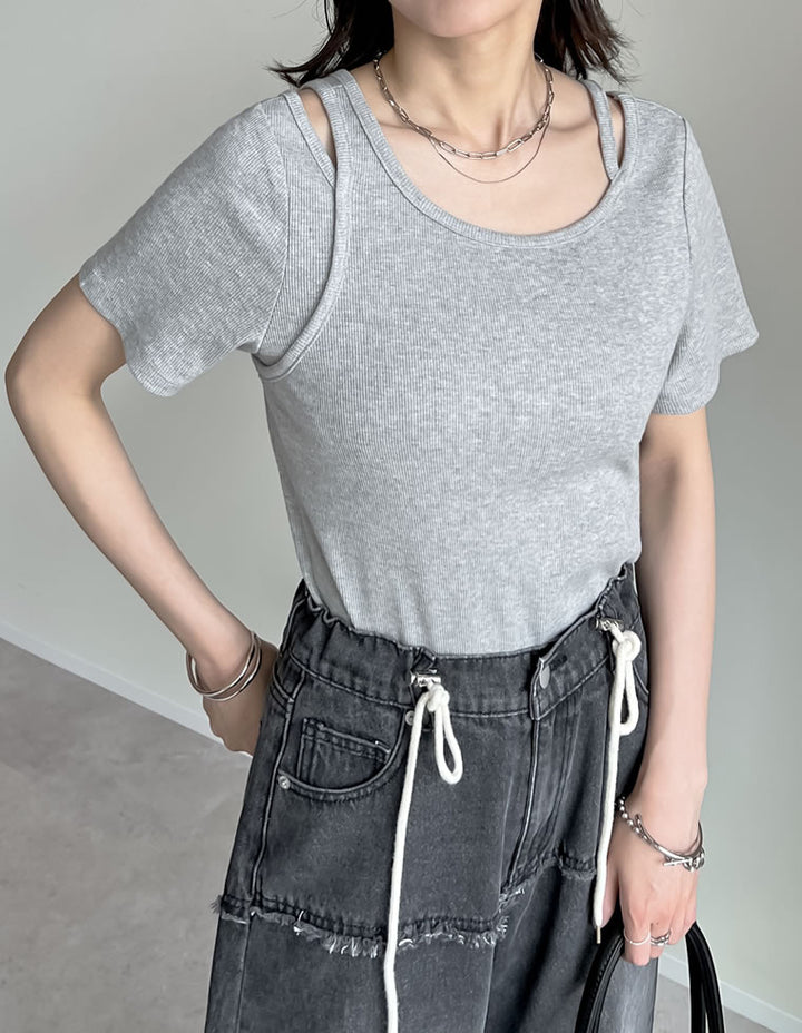 【TIME SALE 10%OFF ¥3,747⇒¥3,372】スムースカットソーレーヤード風アシンメトリー半袖Tシャツ[mb] トップス 人気レディースファッション通販 リエディ