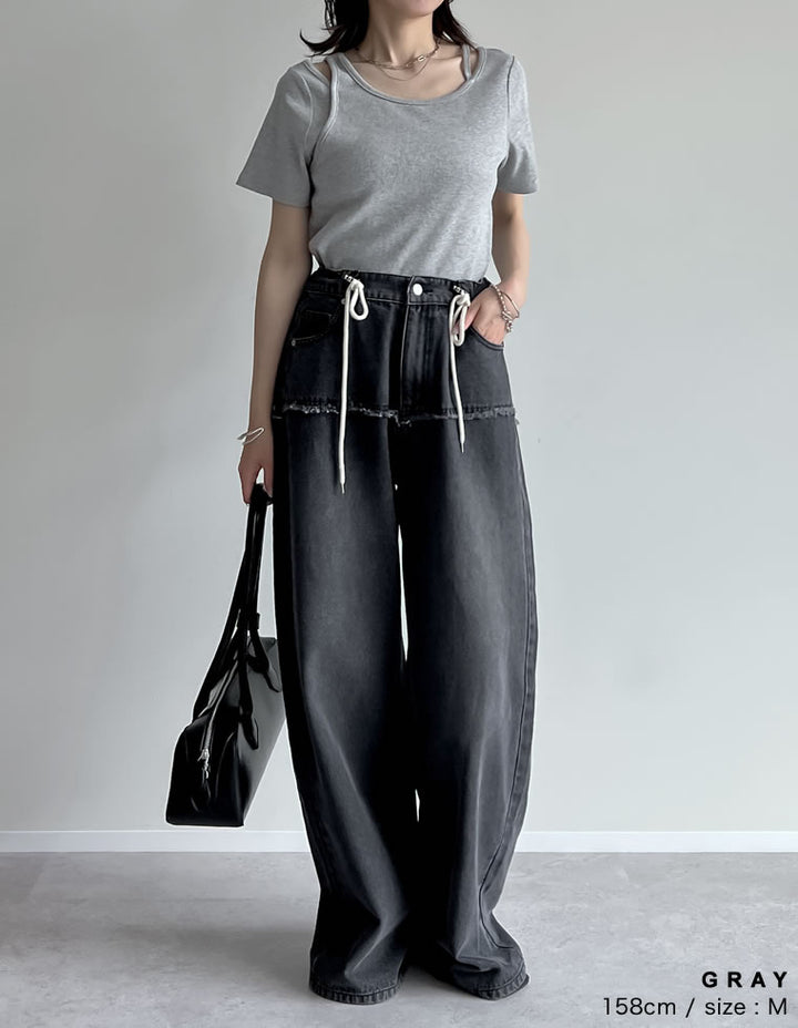 【TIME SALE 10%OFF ¥3,747⇒¥3,372】スムースカットソーレーヤード風アシンメトリー半袖Tシャツ[mb] トップス 人気レディースファッション通販 リエディ