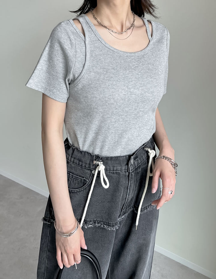 【TIME SALE 10%OFF ¥3,747⇒¥3,372】スムースカットソーレーヤード風アシンメトリー半袖Tシャツ[mb] トップス 人気レディースファッション通販 リエディ