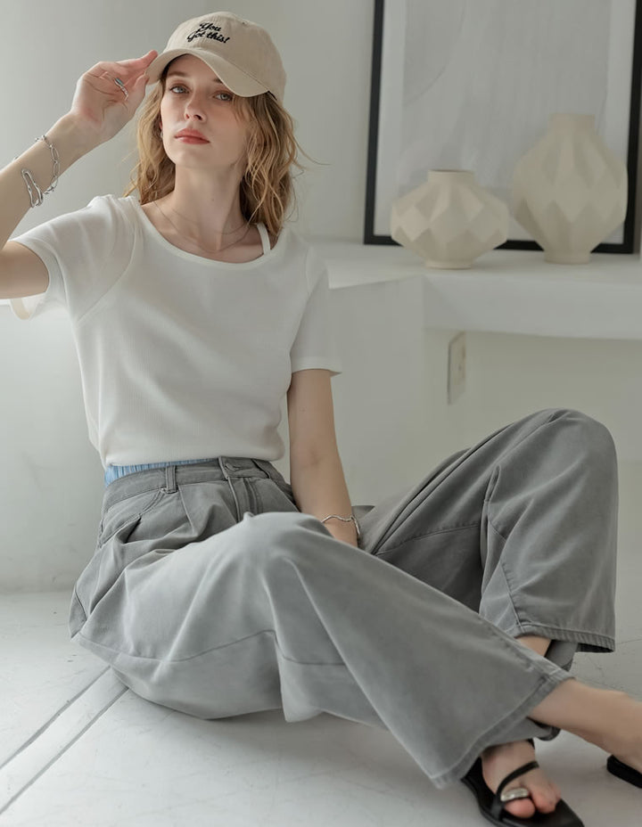 【TIME SALE 10%OFF ¥3,747⇒¥3,372】スムースカットソーレーヤード風アシンメトリー半袖Tシャツ[mb] トップス 人気レディースファッション通販 リエディ