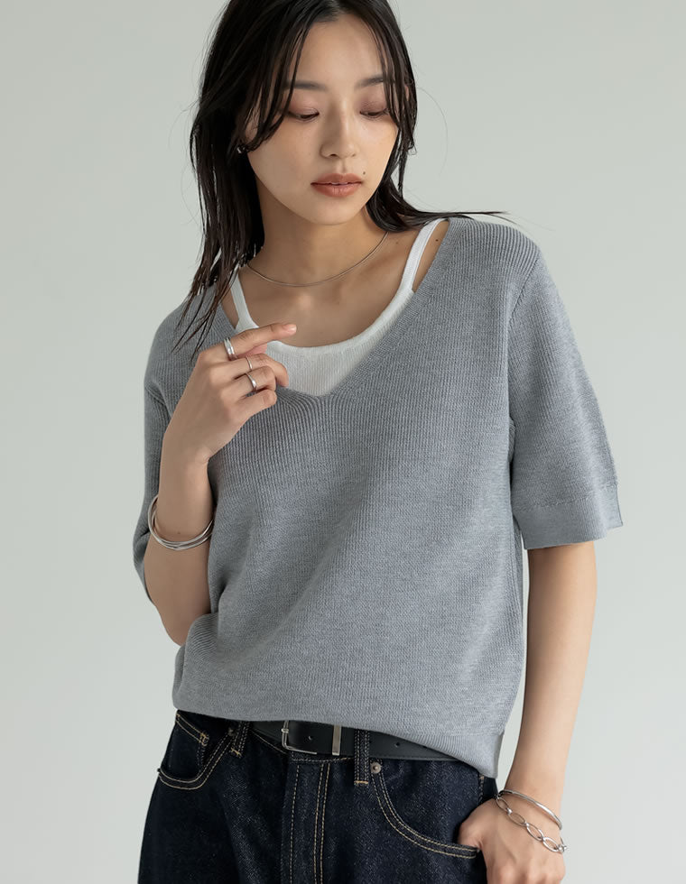 ニットトップス レイヤード風 フード付き 薄ニット 重ね風 レディース トップス 2XL-4XL リネンタッチレイヤード風ニット - トップス通販 | 人気