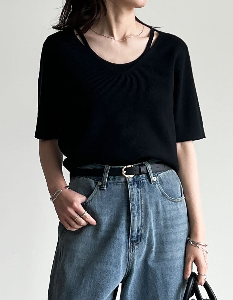 ユキ★ESSENTIAL レイヤードデザインリブトップス ブラック adidas（アディダス） tシャツ ESSENTIALS RIBU OFF SHOULDER リブ編み