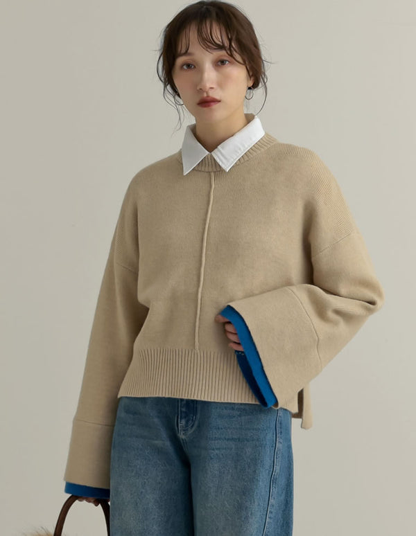 アルパカタッチワイドスリーブ配色ニットトップス