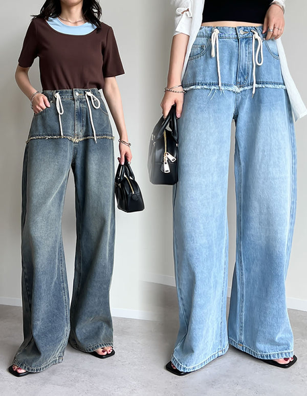 【限定TIME SALE 15%OFF ¥5,498⇒¥4,673】[低身長/高身長サイズ有]コットンデニムロープベルト付きワイドバレルレッグカーブパンツ