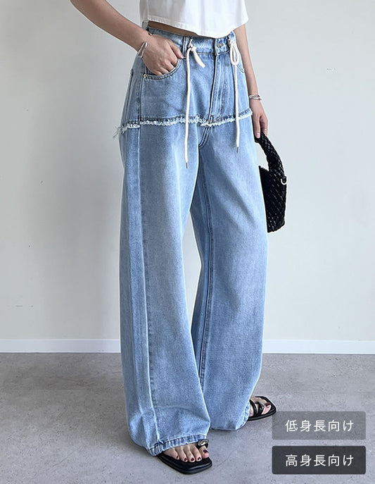 《期間限定！店内全品ポイント10%UP》〖Re:EDIT名品＆最新作アイテム〗【TIME SALE 10%OFF ¥5,498⇒¥4,948】[低身長/高身長サイズ有]コットンデニムロープベルト付きワイドバレルレッグカーブパンツ