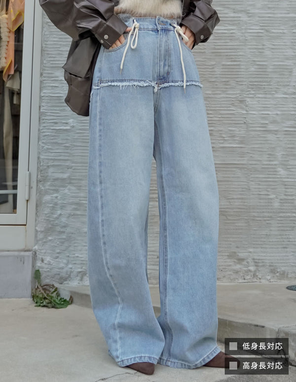 [低身長/高身長サイズ有]コットンデニムロープベルト付きワイドバレルレッグカーブパンツ